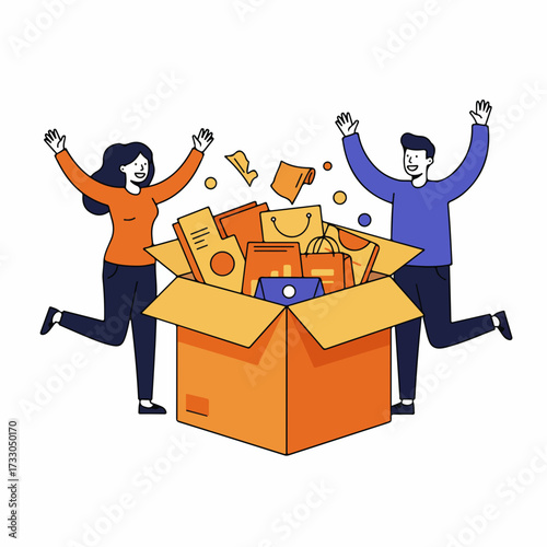 Flat Style Excited People Unboxing Shopping Items From a Cardboard Box Illustration