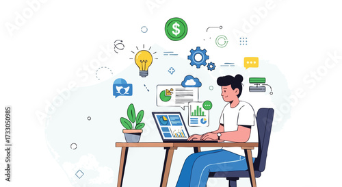 Freelancer Working Remotely on a Laptop Analyzing Business Data and Generating Ideas