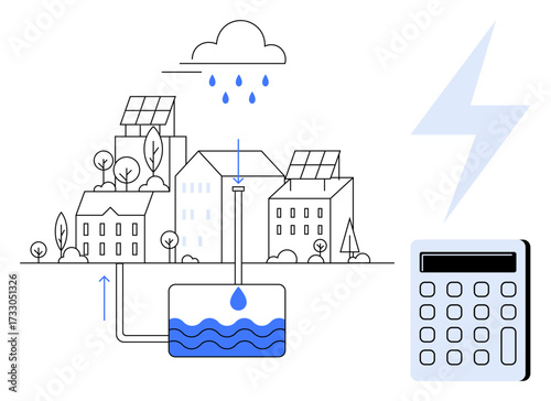 Urban landscape with solar panels, rainwater collection tank, calculator, and lightning bolt. Ideal for sustainability, renewable energy, resource conservation, technology, urban living eco-friendly