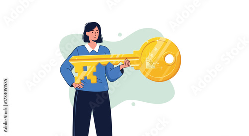 Confident Woman Holding a Giant Golden Key to Success or Opportunity