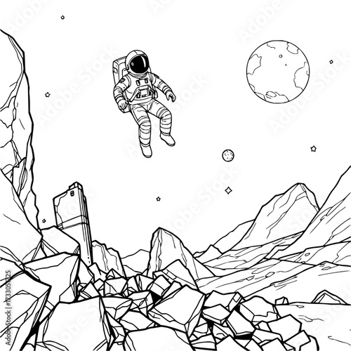 Minimilist astronaut floating above a rocky landscape with mountains and a planet in a black and white illustration vector