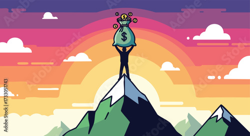 Successful Man Holding a Bag of Money on a Mountain Peak at Sunrise