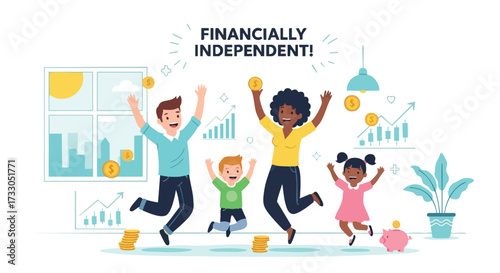 Excited Family Jumping for Joy After Achieving Financial Independence