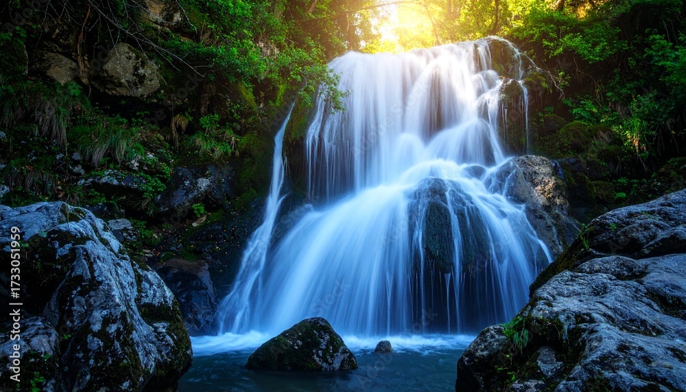 Fototapeta premium 青い光に輝く神秘の滝 