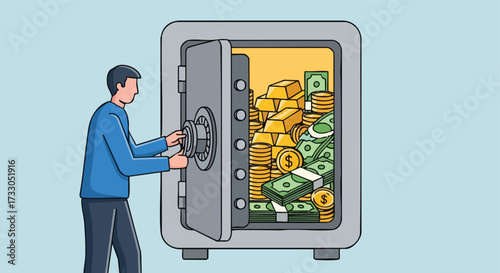 Man Opening a Safe Full of Gold Bars, Cash, and Coins
