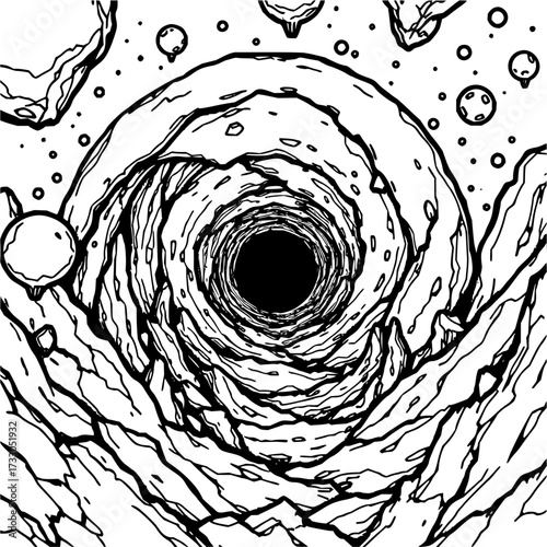 Minimilist illustration of a black hole surrounded by rocky formations and floating celestial bodies in monochrome style vector