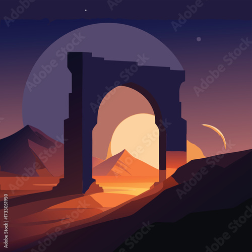 black volcanic stone arch at night with glowing mo (1).eps