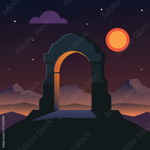 black volcanic stone arch at night with glowing mo (2).eps