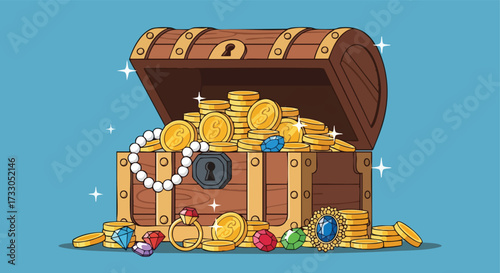 Open Treasure Chest Overflowing with Gold Coins and Sparkling Jewelry