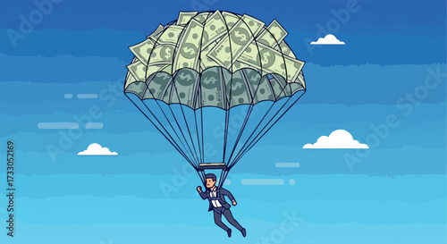 Businessman Floating Down from the Sky with a Parachute Made of Money