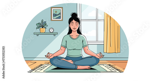 Peaceful Woman Meditating in Lotus Pose on a Mat Indoors