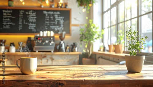 Wallpaper Mural Inviting coffee shop scene with steaming coffee and rustic wood table, perfect for a cozy morning or relaxed afternoon, sunlit and modern cafe Torontodigital.ca