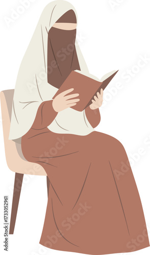 Muslim woman in cream and brown niqab sitting on a chair and reading a book, symbolizing knowledge, education, and peaceful study