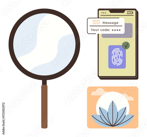 Magnifying glass, smartphone with verification codes and fingerprint scanner, and lotus graphic. Ideal for cybersecurity, identity protection, technology, mindfulness, data analysis, serenity simple