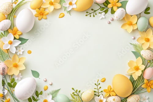 Easter frame with white and yellow flowers and eggs on light green background