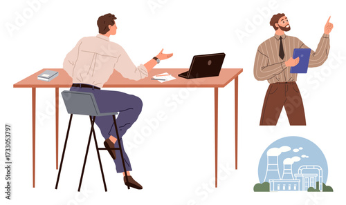 Colleagues debating environmental issues near an office desk with a laptop and documents, while a factory with emissions highlights industrial impact. Ideal for business, environment, teamwork