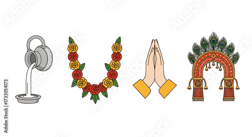 Indian Festival Icons: Offering, Garland, Prayer, and Arch
