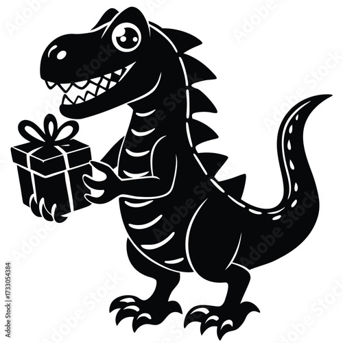cartoon t rex holding gift box illustration on whi.eps