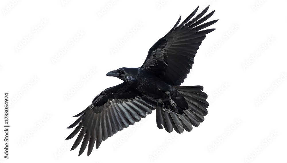 Fototapeta premium Majestic Raven Soaring in Flight with Isolated on White Background, and Freedom Concept.