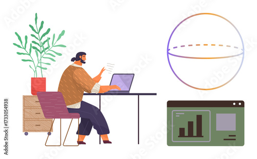Professional working at desk with laptop, analyzing reports. Graphs on screen, diagram showing global view. Ideal for remote work, analytics, technology, education, business globalization