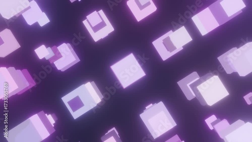 ポコポコと拡大縮小する沢山の紫色のボックスを回転しながら撮影した動画素材。4Kアニメーション背景