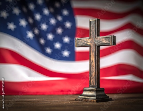 wooden cross with American flag background