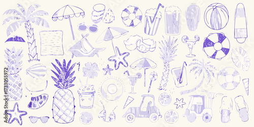 Collection of hand drawn purple summer beach vacation icons and symbols on a light background