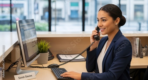 Professional woman answering phone calls in the office while seated at the desk by her computer smiling and working hard at her job