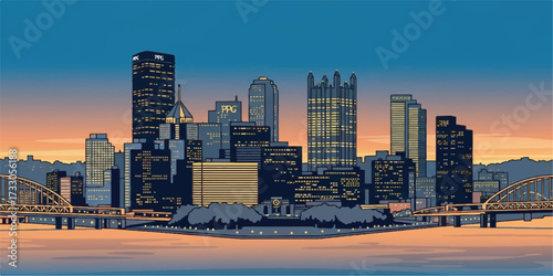 Pittsburgh Skyline Silhouette with Clean Outlines and Solid Colors