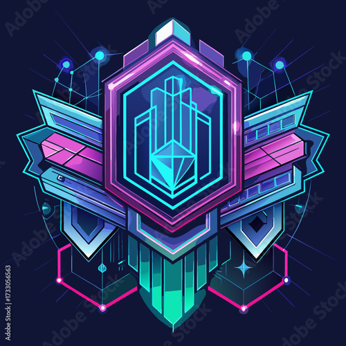 Futuristic banners and badges that look like they're made from glowing neon tubes and circuit boards. Include ribbon banners with a digital glitch effect and hexagonal medal shapes with integrated cir