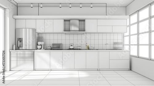 3D Render Sketch of a Modern Minimalist Kitchen with Integrated Appliances and Natural Light Shadows