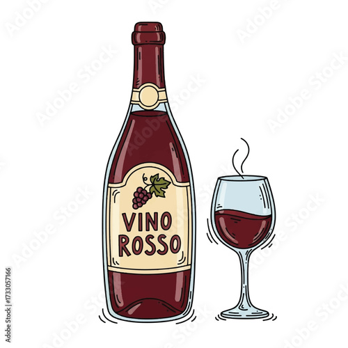 Illustration of a bottle of red wine and a glass of red wine.