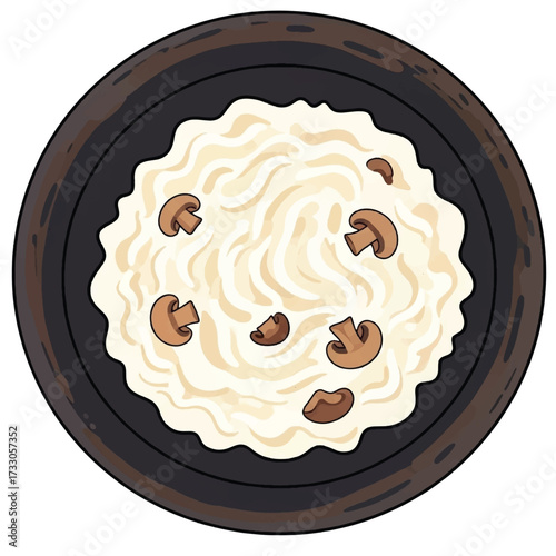 A top-down illustration of a black bowl containing creamy white risotto garnished with sliced mushrooms.