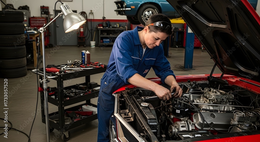 Obraz premium Auto mechanic repairing a classic red car in a garage setting The scene captures expertise maintenance and classic car restoration