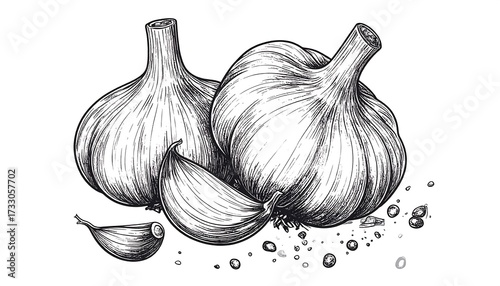 Hand-drawn illustration of garlic bulbs and cloves