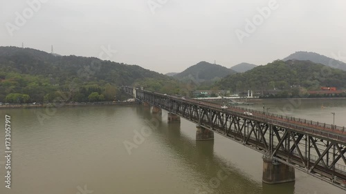 Wallpaper Mural Aerial view of Hangzhou dual-purpose bridge, carrying both railway and highway across the river.China. High quality 4k footage Torontodigital.ca