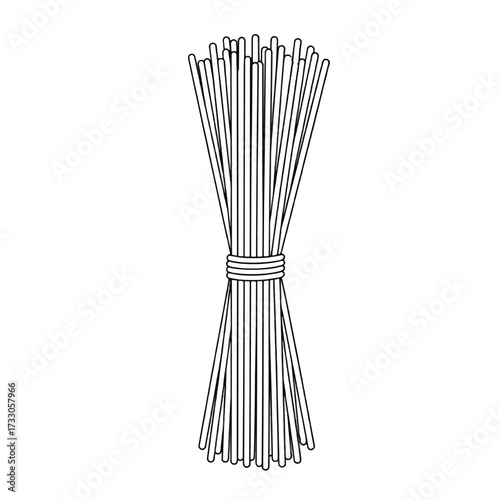 A bundle of uncooked spaghetti pasta tied together with a string in the middle, presented as a simple line drawing.
