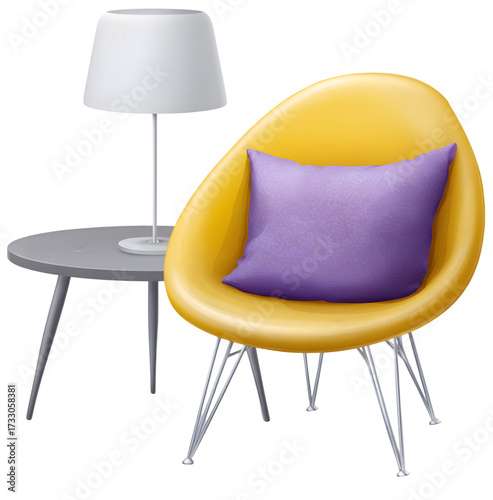 Contemporary interior design scene showcases a modern yellow chair with a purple cushion, alongside a grey side table and a sleek white lamp, creating a vibrant and minimalist ambiance, all set...
