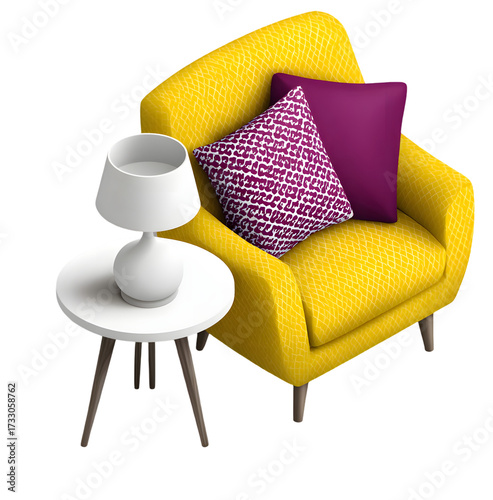 Elegant yellow armchair with patterned pillows, a small white side table, and a modern white lamp, all set against a solid black background, showcasing a contemporary and stylish interior.