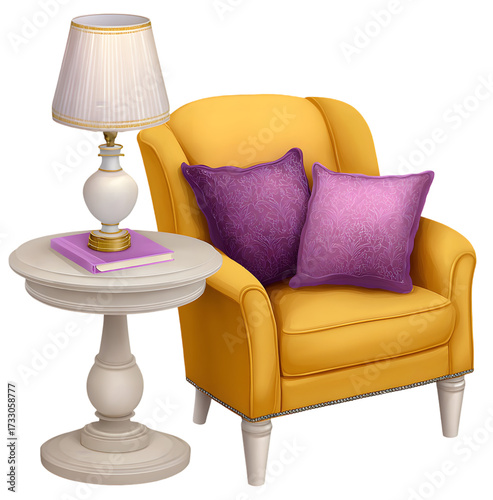 A cozy scene depicts a yellow armchair with two purple patterned pillows set against a black backdrop, alongside a white side table with a lamp and a purple book, creating a warm atmosphere of...