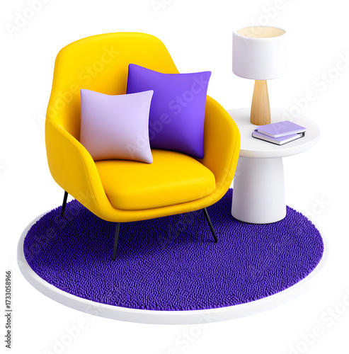 Depiction of a modern relaxation space features a yellow armchair with pillows, accompanied by a side table, a lamp, and reading material, all situated on a vibrant blue rug, creating a cheerful...