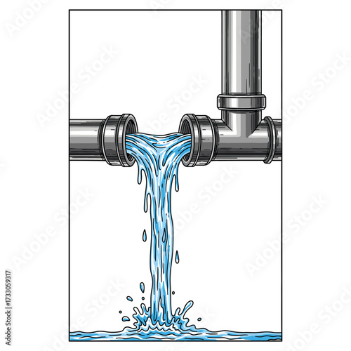 Vector Illustration of Pipe with Water Flow in Modern Minimalist Style Blue Color