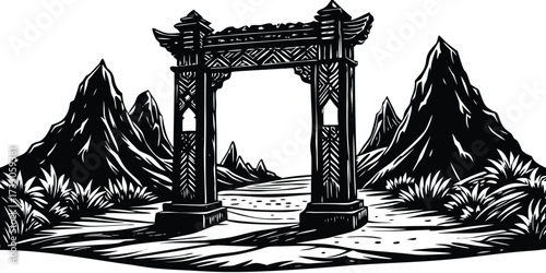 Stunning monochrome illustration of an ancient stone gate leading to a mountainous landscape, perfect for travel, fantasy, or historical themes