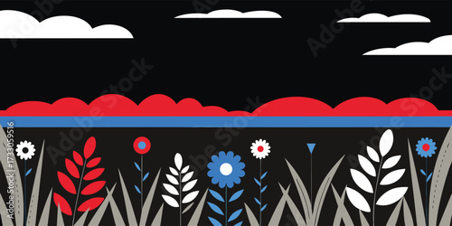 Stylized floral landscape with vibrant graphic elements evokes serenity and modern design, perfect for adding a touch of artistic flair to any project