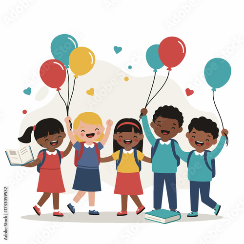 Cartoon Cheerful School Children Holding Balloon and Book Celebration Illustration