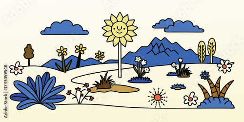 Playful cartoon landscape with smiling sunflower, perfect for children's books or cheerful designs, radiates happiness and whimsical charm for any creative project