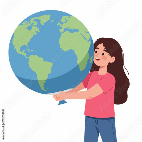 Cartoonish Style Detail Girl Holding Earth Globe Map Illustration