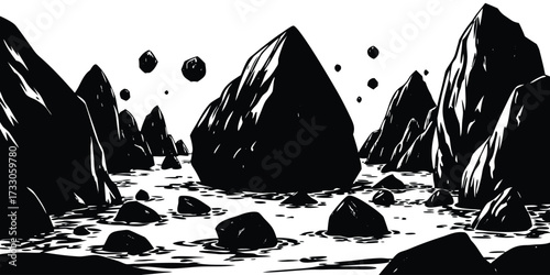 Dramatic monochrome landscape featuring bold, stark rocks rising from water and floating, perfect for impactful designs and artistic projects, originally vector