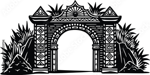 Dramatic entrance gate with Aztec flair, framed by lush tropical foliage offering an exotic allure, creating a sense of mystery and adventure for viewers