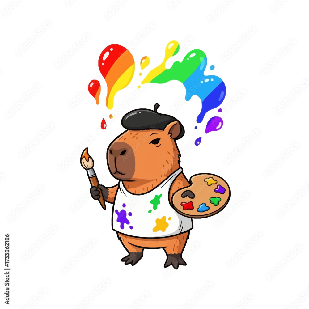 Naklejka premium An endearing cartoon capybara artist enthusiastically painting a vibrant rainbow splash, showcasing its creative spirit and joyful engagement in a colorful world of art